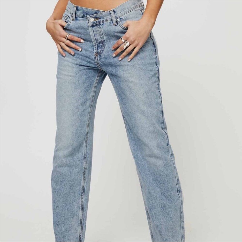 Princess Polly Asymmetric Straight Leg Jean Light Wash Denim